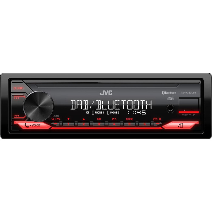Автомагнітола JVC KD-X282DBT з USB, DAB+, Bluetooth, мікрофоном, AUX, саундпроцесором, 4x50 Вт, червоне підсвічування кнопок