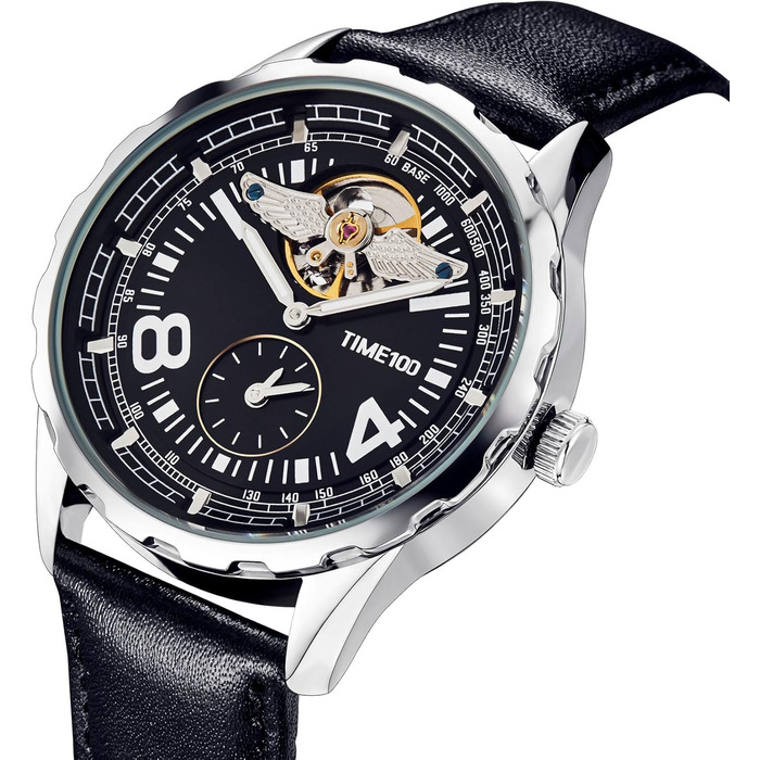 TIME100 Автоматичний годинник для чоловіків: водонепроникний, зі світлодіодами, серія Pilot, Angel Wing, бізнес-стиль, механічний годинник з шкіряним/силіконовим ремінцем, скелетний дизайн (чорний/сріблястий)