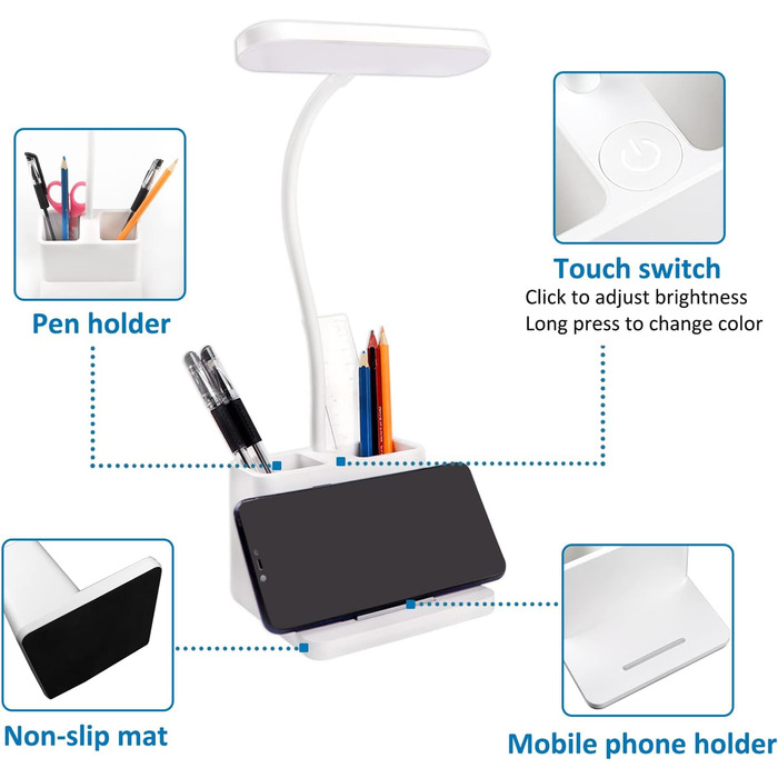 LED настільна лампа з регулюванням яскравості, 3 кольори та 3 рівні освітлення, 5W USB перезарядна лампа зі стійкою для ручок та тримачем для телефону, дитяча лампа з сенсорним керуванням для читання та навчання