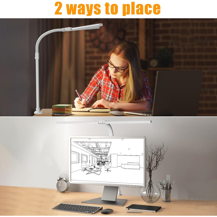 LED лампа для робочого столу з регулюванням яскравості, 24W, 80см, для офісу та дому, лампа-лебідь, кріпиться до столу (біла)