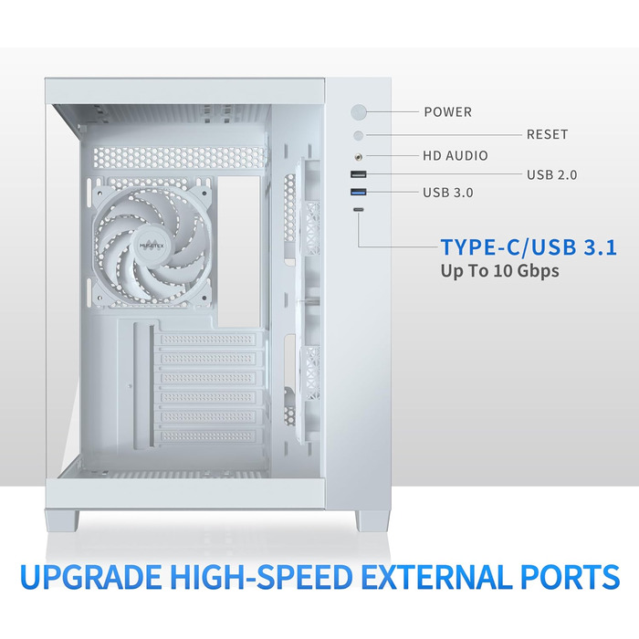Корпус ПК ATX MUSETEX Y6 з 6 PWM ARGB вентиляторами, підтримка 360мм радіатора, Type-C, скляна панель 270°, білий