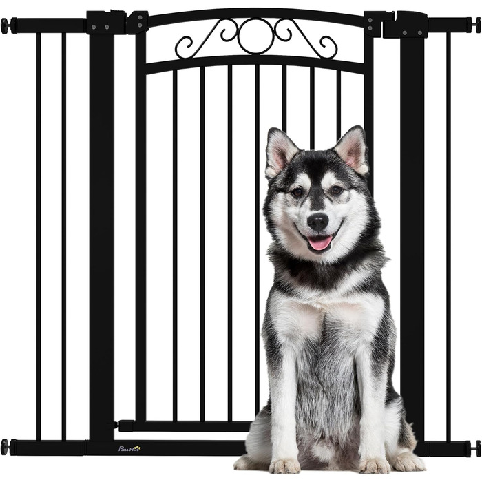 Захист для собак PawHut: регульовані ворота-бар'єр 76-104 см, білий. Безпечне огорожа для собак з двома розширювачами, подвійним замком та маленькими воротами для сходів та дверей.