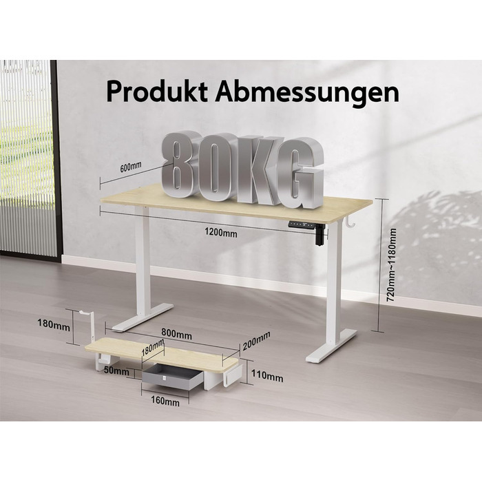Electric Standing Desk with Drawers - 120x60cm, Oak Finish - Adjustable Height Desk for Home Office & Business, Monitor Stand, Phone Holder, 3 Hooks