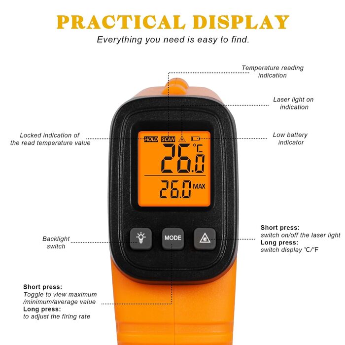 Інфрачервоний термометр лазерний -50°C-550°C, LCD дисплей, цифровий, регульований (не для людей) для піци/холодильників/промисловості