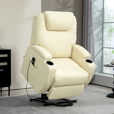 HOMCOM Power Lift TV Chair with Electric Recliner and Lie-Flat Function, TV Chair with Cup Holder, Side Pocket, and Remote Control, Faux Leather, Cream