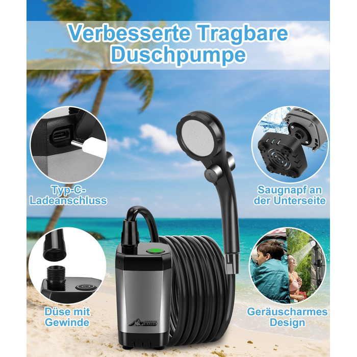 Портативна душова кабіна WADEO для кемпінгу з акумулятором та насосом, 6000-8000mAh, мобільний душ для відпочинку, подорожей, автомийки, сірого кольору, з індикатором температури та заряду акумулятора