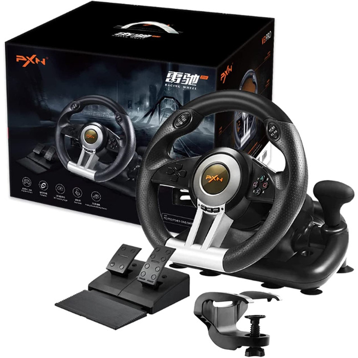 PXN V3II Руль для гонок з педалями, 180°, сумісний з PS3/PS4, Xbox One/Series, Nintendo Switch та PC, чорний