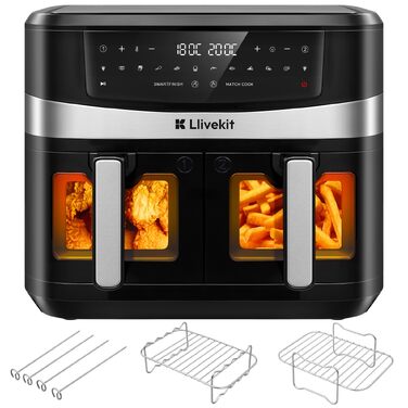 Аерофритюрниця LLIVEKIT з двома камерами 2x4,5л (10л), 8 програм, 4D конвекція, енергоощадна, чорна