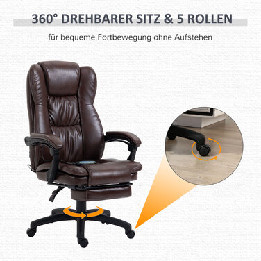 Vinsetto Adjustable Swivel Chair with Footrest, Headrest, Massage Function, Faux Leather, 68.5x68.5x113-121cm, Brown