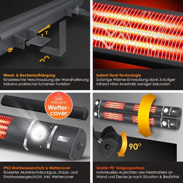 Інфрачервовий обігрівач KESSER® 3000W з LED-підсвічуванням та Wi-Fi, для тераси, кафе, ресторану. Настінний кварцовий обігрівач, антрацит
