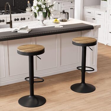 YOUNIKE Adjustable Swivel Bar Stools 2-Pack - Black Wood Kitchen Bar Stools with Footrest - Vintage Style