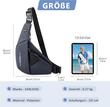 Чоловіча нагрудна сумка VARLIVOO Brusttasche - слинг-сумка, кросбоді, через плече, спортивна, для фітнесу, подорожей, кемпінгу, школи. Водонепроникний рюкзак з поліестеру, блакитний.