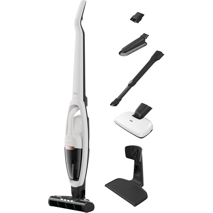 AEG HYGIENIC 5000 AS52HP25SH Cordless Vacuum Cleaner / 2in1 / Pleasantly Quiet at 80 dB(A) / 58% Recycled Material / Up to 55 Minutes of Runtime / Automatic / Self-Standing / Suitable for All Floors / Includes Accessories, White Model 2023 25.2V White Complete Accessories