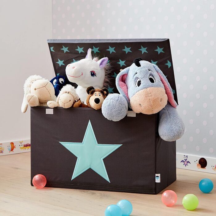 Велика коробка для зберігання LOVE IT STORE IT із кришкою, іграшкова скриня з міцного текстилю, з дерев'яним каркасом, сіра із зеленою зіркою, 62x38x39 см, легка у догляді