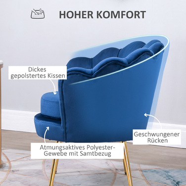 Крісло HOMCOM, крісло-пуф у формі мушлі, крісло для відпочинку з металевими ніжками, туалетне крісло з оксамитовою обшивкою, для спальні, вітальні, блакитне | Aosom