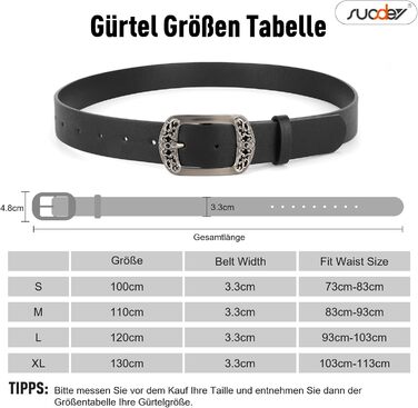 Жіночий шкіряний ремінь SUOSDEY Класичний чорний з квітковою пряжкою для джинсів, суконь, модних образів, 100 см, розмір талії 73-83 см