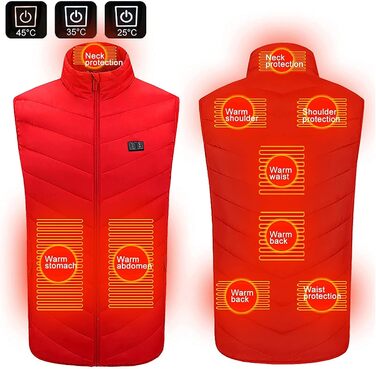 Електрична гріюча жилетка для чоловіків та жінок, 9 зон нагріву, тепла жилетка для зими, для активного відпочинку на відкритому повітрі (без Powerbank), XL, червоний