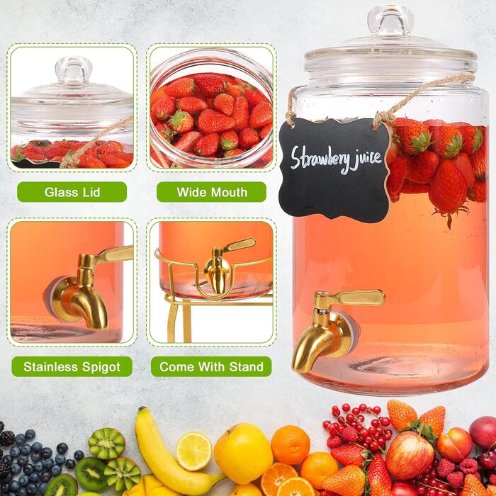 FUREEY Drink Dispenser with Stand - 2 Pack, 3.5L Glass Top Drink Dispenser with Stainless Steel Spout - Leakproof for Juice, Tea & Party Drinks