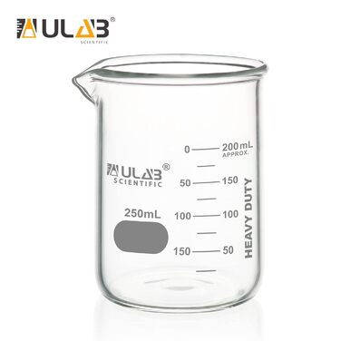 ULAB Heavy Duty Beaker, 6 Pieces Vol.250ml (8.45oz), Borosilicate 3.3 Glass, Thick-Walled Beakers, with Double Scale, Superior Durability & Chemical Resistance, UBG1055