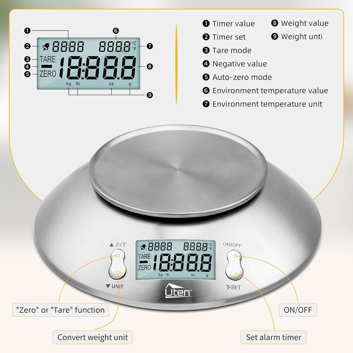 Кухонні ваги Uten Digital 5 кг x 1 г з нержавіючої сталі 304, LCD-дисплеєм, чашею та таймером, функція тарування