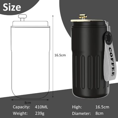 Термокружка для кави HomeAlexa з цифровим дисплеєм, 410 мл, нержавіюча сталь 316, ізольована, з кришкою, чорна