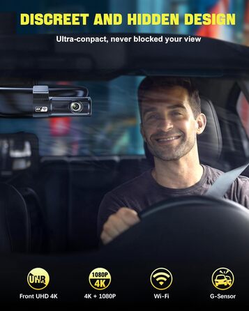 Відеореєстратор AQV Dashcam Auto Vorne und Hinten 4K з WiFi, 64GB SD, G-сенсор, Super Night Vision, 170°+140° Кут огляду, Black-D18