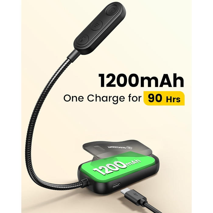 Світлодіодна лампа для читання Glocusent з кріпленням, 20 LED, USB, 5 режимів температури кольору, регулювання яскравості, гнучка на 360°, для читання в ліжку