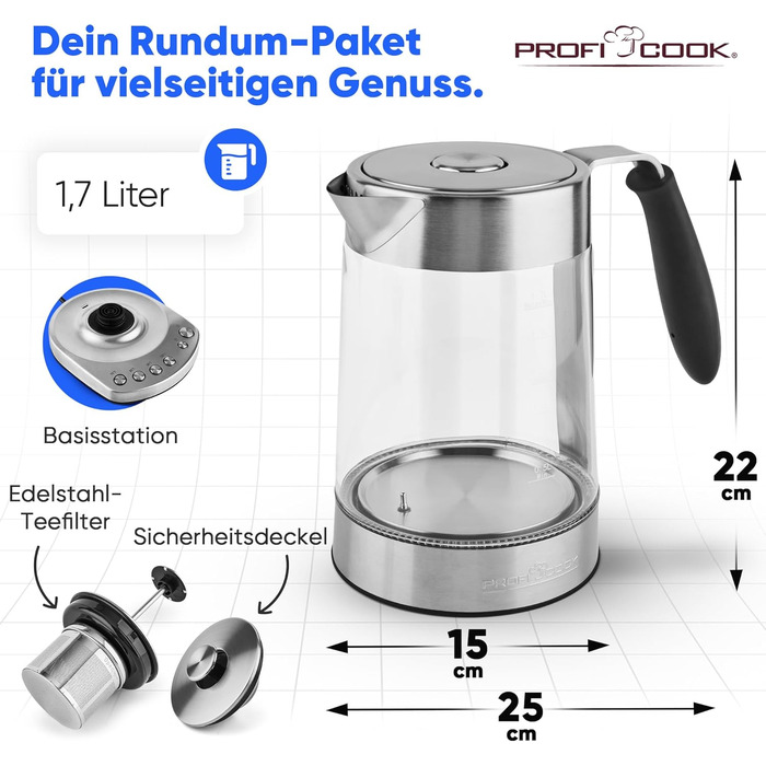 Електричний чайник ProfiCook PC-WK 1020 G: скляний корпус, 1.7 л, 3000 Вт, з тефлоновим фільтром, підігрів