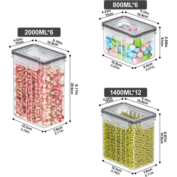 Набір контейнерів для зберігання продуктів 24 шт. – герметичні бокси з кришкою, органайзер для кухні, для борошна, цукру, мюслі та ін., з етикетками та маркером, для кухні та холодильника, 33,6 л