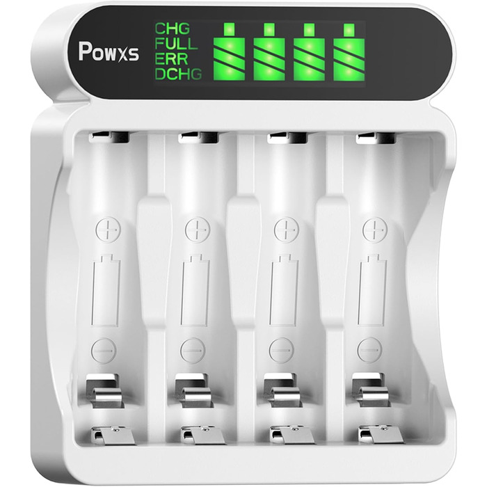 Зарядний пристрій POWXS для акумуляторів NI-MH NI-CD AA AAA з LCD-дисплеєм, універсальний, Micro USB & Type-C, безпечний
