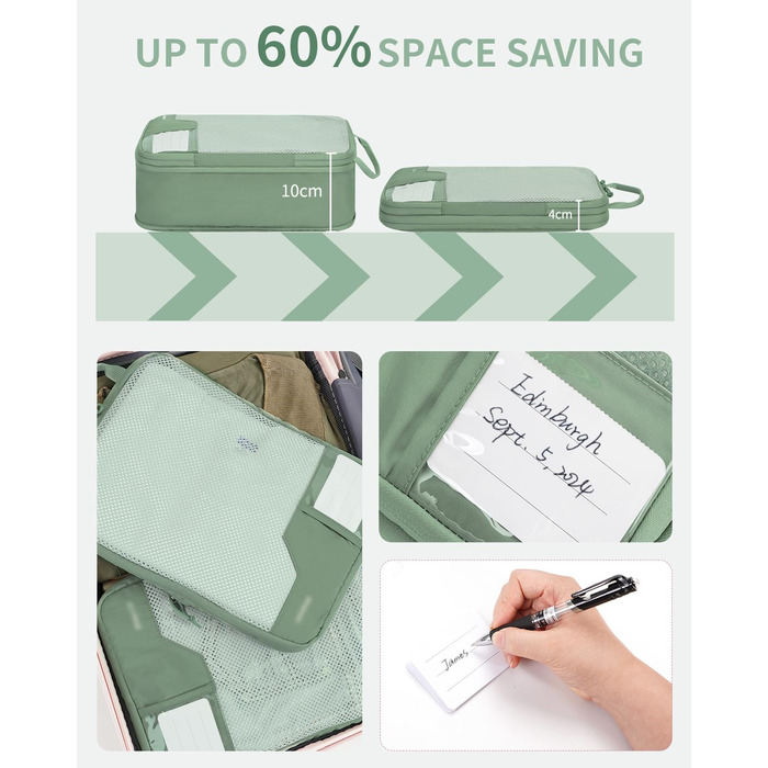 Органайзери для валізи ECOHUB (4 шт.) з мітками, набір еко-пакувальних кубиків з перероблених матеріалів, зелені