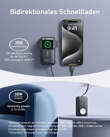Повербанк Anker MagGo 10000mAh для Apple Watch та iPhone 17/16/15, Samsung, iPad, AirPods, 35W Max, вбудований кабель USB-C, сертифікований, чорний