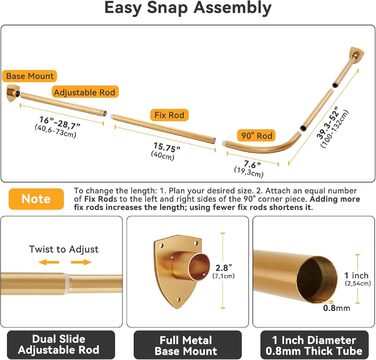 Штанга для душу L-подібної форми, регульована, з кріпленням для гардини та опорою для верхньої частини, для ванни/ванної кімнати, монтаж на свердління (Золото, 100-175см x 140-214см)