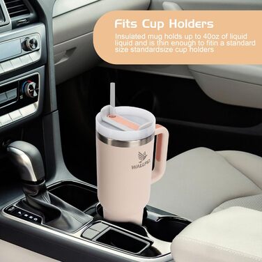 Термокружка WALLFID 40oz з нержавіючої сталі, вакуумна ізоляція, з кришкою, 3 трубочки та щітка для трубочок, для гарячих та холодних напоїв, ідеальна для кави, чаю, смузі та іншого (Рожева)