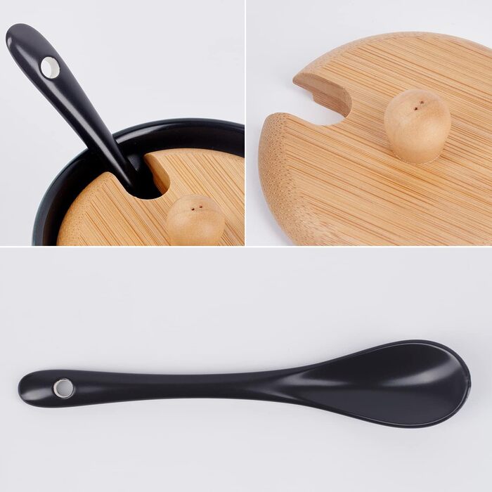 Цукорниця керамічна з бамбуковою кришкою та ложкою, цукровий контейнер (кругла, чорна)