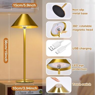 Світлодіодний настільний світильник Rosnek бездротовий, акумуляторний 4000 mAh, диммується, з магнітним кріпленням 360°, 3 режими освітлення, для дому та вулиці (Золотий, 2 шт)