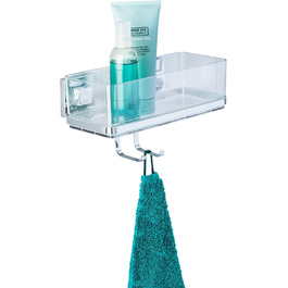 WENKO Vacuum-Loc Bathroom Wall Shelf Quadro with Hooks, 2 Tiers, with Removable Bowl, Mounting without Drilling, Stainless Steel/Plastic, 25.5 x 15 x 14 cm