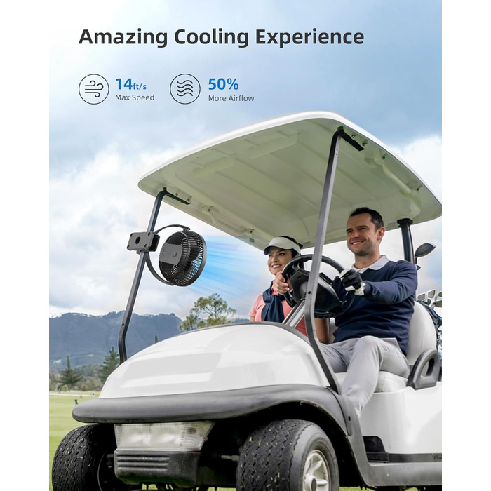 Вентилятор Koonie 10000 mAh з кліпсою, 20 см, портативний, USB, акумулятор, 4 швидкості, 360° оберт, тихий, для дому, офісу, дитячої коляски, кемпінгу, гроу-тенту, чорний