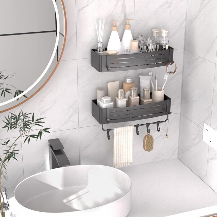 Набір з 2 полиць для душу Onemake з присосками, без свердління, сірого кольору. Дзеркальний кутовий органайзер для ванної кімнати з 6 гачками та рушником.