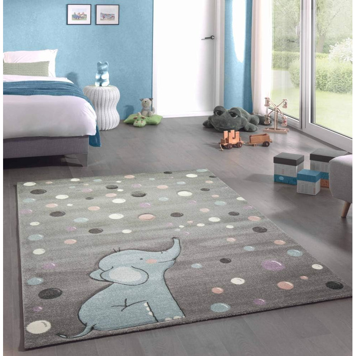 CARPETIA Children's Room Rug, Elephant, Dots, Bubbles, Grey, Blue, Size 200 x 290 cm