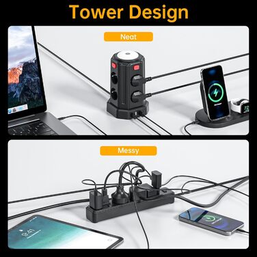 Многофункціональна мережева стрічка на 8 розеток з 4 USB та світлом, захист від перенапруги, 16A, білий (3M, чорний)