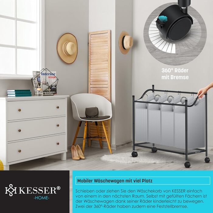 KESSER® Laundry Basket, Laundry Collector, Laundry Sorter with 4 Removable Fabric Bags | 4 Compartments x 35 Liters | Laundry Box with 12 Laundry Instructions, 360° Swivel Wheels with Brake, Laundry Sorting System, Laundry Cart, Grey