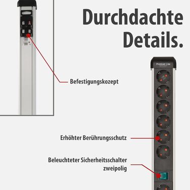 Бренненштуль Преміум-Алю-Лайт Розподільник розеток 12-фазний з алюмінію (багаторозетова панель з 2 вимикачами та 3м кабелем, Made in Germany), Нова версія Single