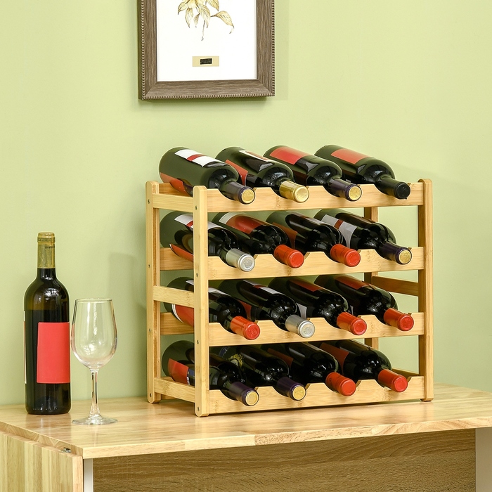 HOMCOM Bamboo Wine Rack Bottle Stand for 16 Bottles, 43x23.5x38cm, Stylish Natural Wood Design for Kitchen & Living Room