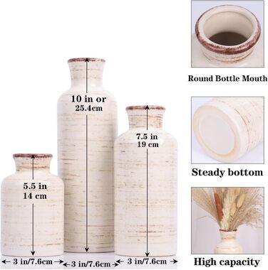 Набір керамічних ваз білого кольору – 3 шт., вази в стилі бохо, сучасний сільський інтер'єр, декор для вітальні, прихожої, полиці, каміна, полиці (Hp009)