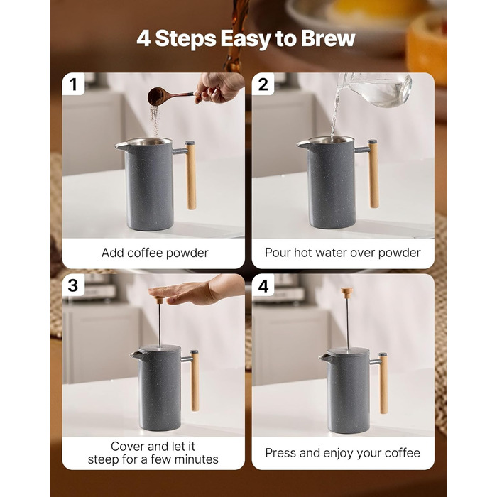 VEVOR Френч-прес для кави, 1 л, нержавіюча сталь, кавова преса, чайник з фільтром, ізольований, для кемпінгу, подорожей, кухні, ресторану, чорний