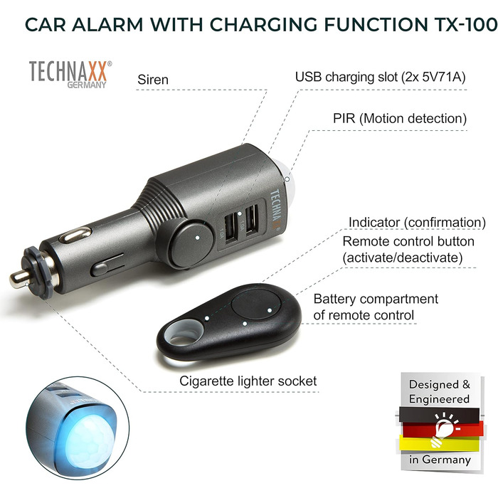 Сигналізація Technaxx TX-100 для авто, будинку, човна з датчиком руху, пультом, автозарядкою, 2x USB, 6 днів роботи, 110 дБ