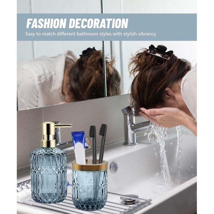 Набір аксесуарів для ванної кімнати Qivine 5 шт., блакитний: стакан для зубної пасти, дозатор мила, контейнер для ватних паличок. Сучасний набір скляних аксесуарів для ванної кімнати