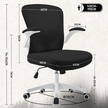 Ергономічне крісло для офісу та робочого столу з підйомними підлокітниками, регульованою підтримкою попереку, регульованою висотою поворотного сидіння та спинкою, що нахиляється до 130°, (Білий)