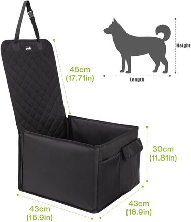 Автокрісло для собак Pecute, 43x43x30 см, чорне. Водонепроникне, стійке до подряпин, з підсиленими боковинами та кишенями. Для собак середніх та маленьких порід.